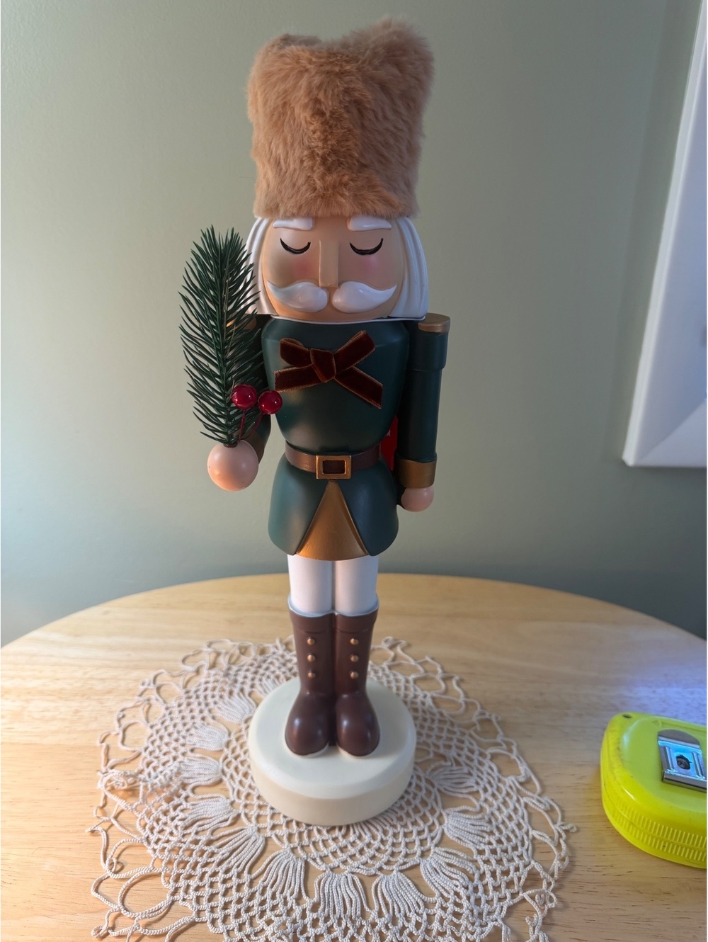 Martha Stewart Seasonal Decor Nutcracker Figurine with Faux Fur Hat and Pine Spr